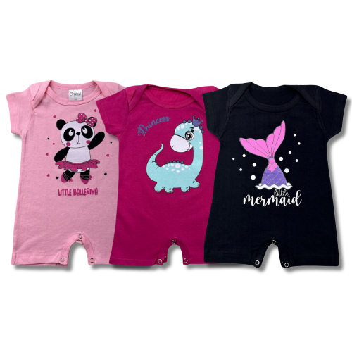 Kit 3 Peças Macaquinho Romper Feminino/Menina Banho de Sol Bebe Manga Curta Estampado 100% Algodão