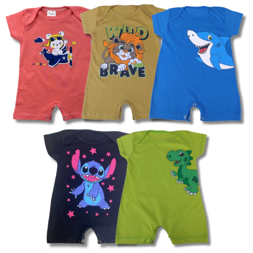 Kit 5 Peças Macaquinho Romper Masculino/Menino Banho de Sol Bebe Manga Curta Estampado 100% Algodão
