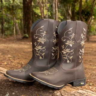 Bota Botina Texana Country Bico Quadrado Flor Bege Feminina Texana em Oferta na Shopee
