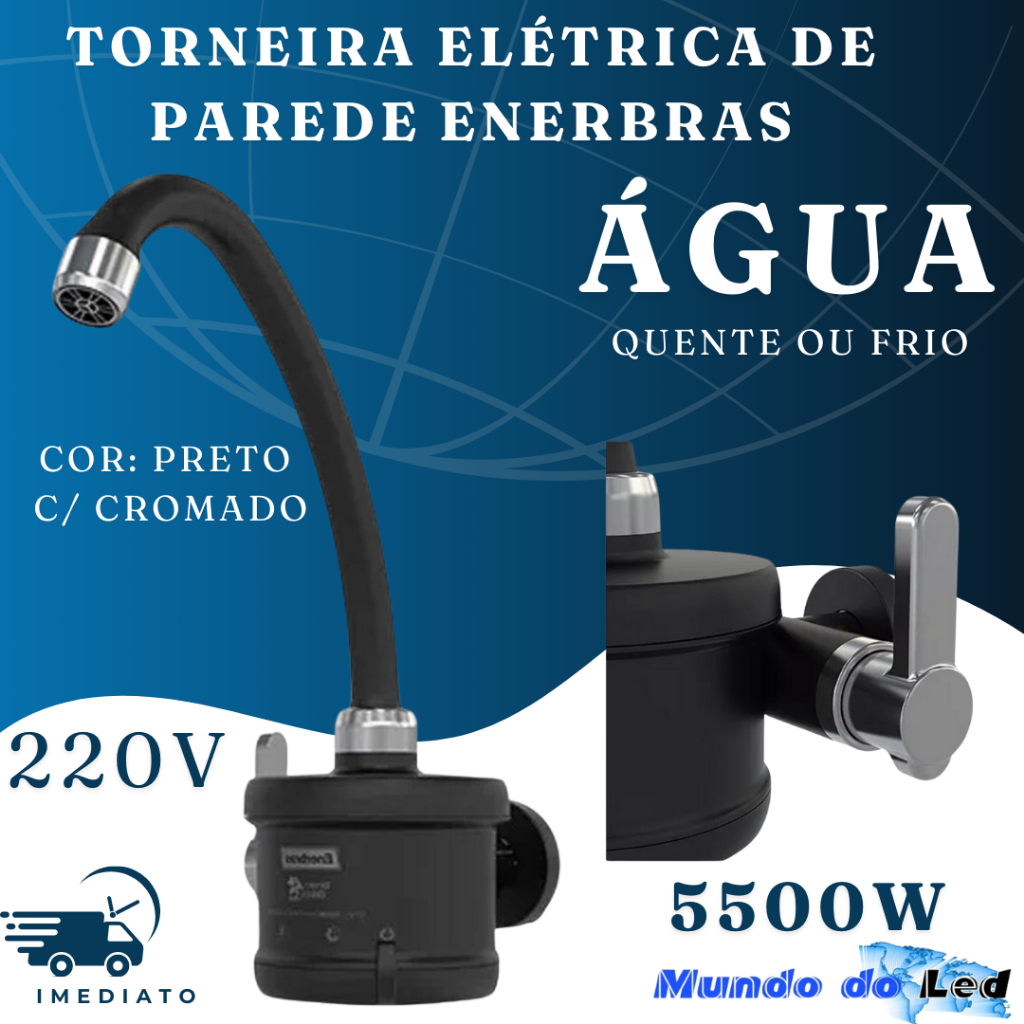 Torneira Elétrica Para Cozinha De Parede Agua Quente Cor Preta/cromada 220v/5500w Enerbras