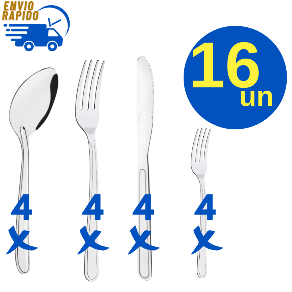 Kit 16 Peças Aço Inox Garfo + Faca + Colher de Sopa + Garfo de Sobremesa para Casa Restaurante Padaria Bar Pizzaria