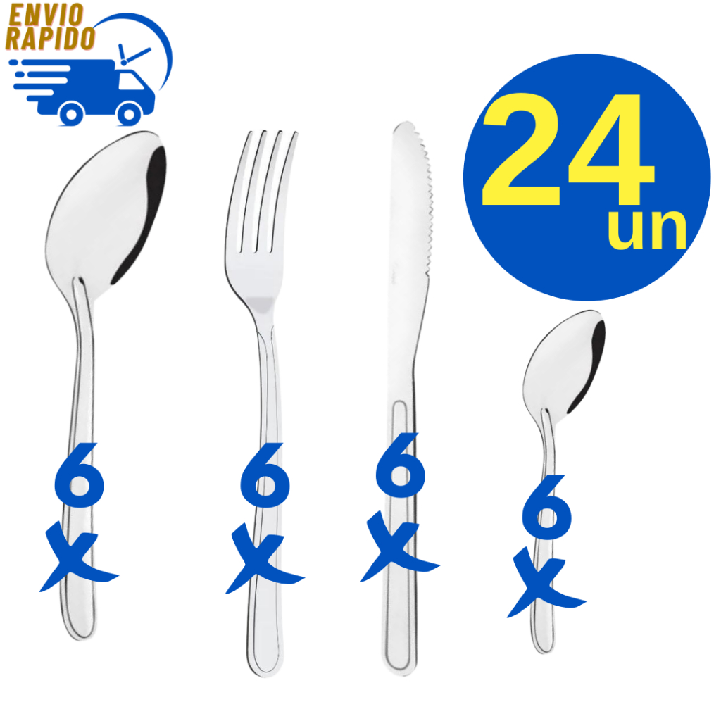 Kit 24 Peças Aço Inox Garfo Faca Colher de Sopa Colher de Sobremesa para Refeição  Casa Restaurante Padaria Bar Pizzaria