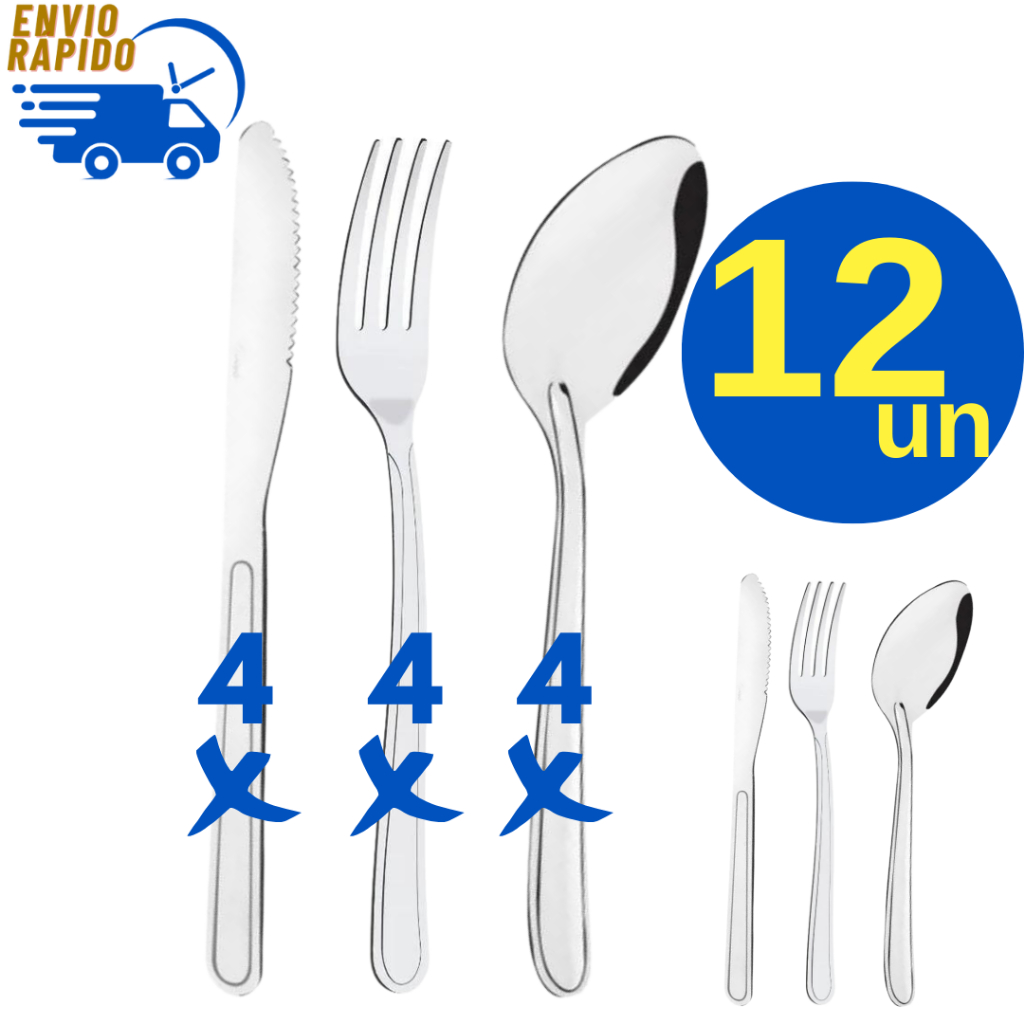Kit 12 Peças Aço Inox Garfo Faca Colher de Sopa para Refeição Casa Restaurante Padaria Bar Pizzaria Lanchonete Buffet