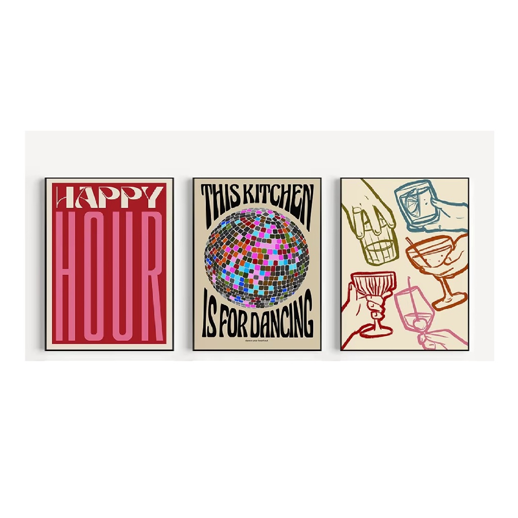 Quadros decorativos Retrô cozinha é para dança Cheers, disco ball, croissant (3 peças)