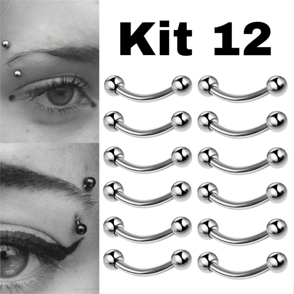 Kit 12 Piercing Micro bell Curvo PRATA em Aço Cirúrgico Vertical Labret, Sobrancelha, Lábios unissex KA317