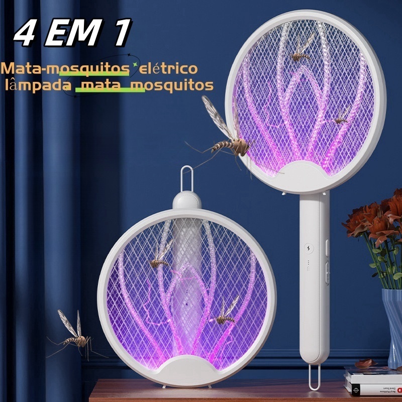 Raquete Elétrica Dobrável 4 em 1 Mata-Mosquitos USB Recarregável Lâmpada Mosquito Com Luz ...