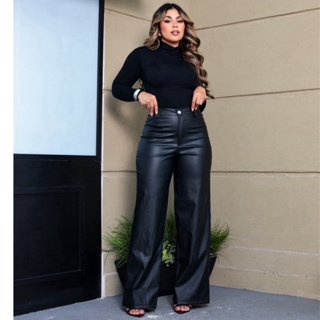 Calça Feminina Pantalona Couro Fake Wide Leg Tendência Luxo Balada Look Casual Chick em Oferta na Shopee