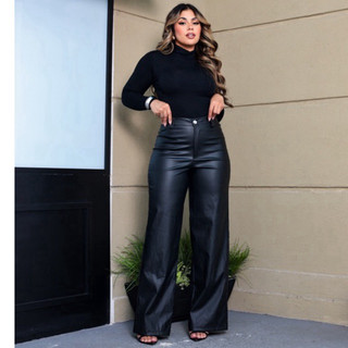 Calça Feminina Pantalona Couro Fake Wide Leg Tendência Luxo Balada Look Casual Chick
