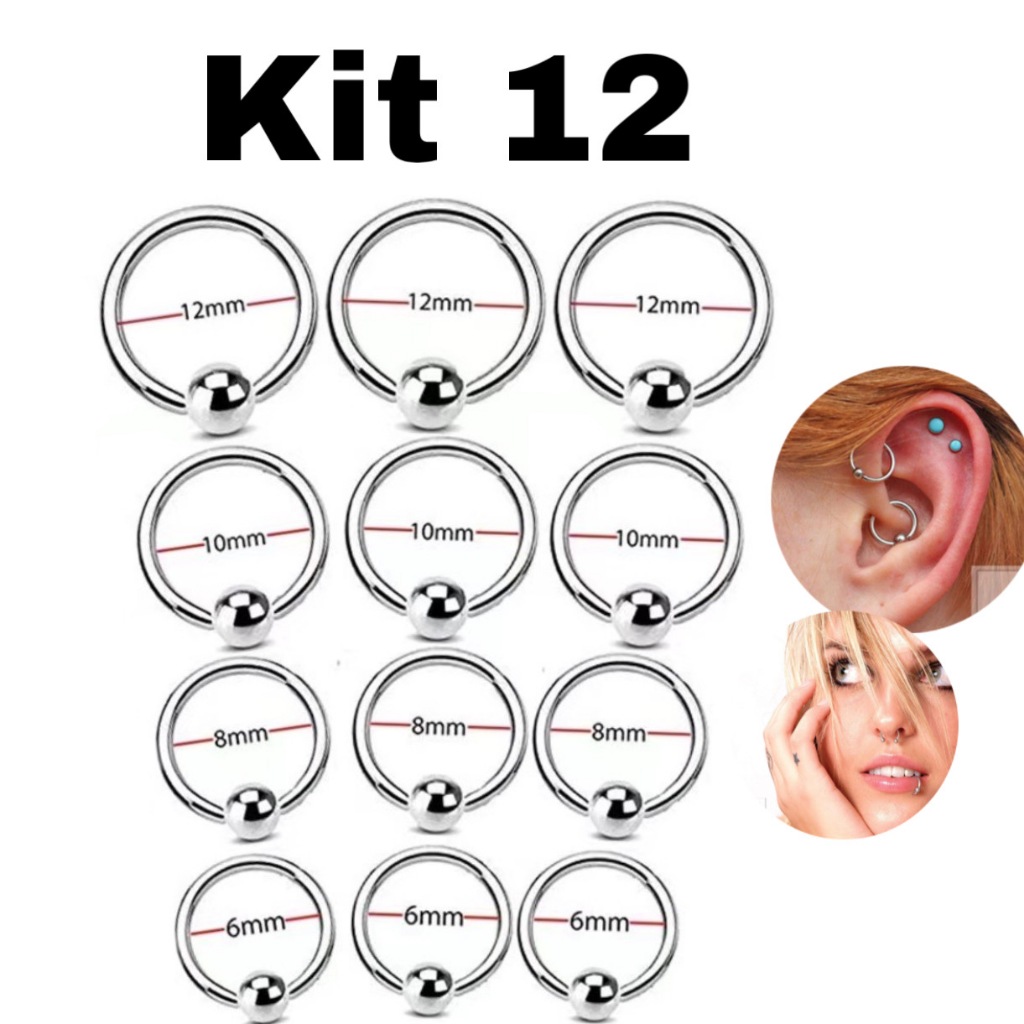 Kit 12 Piercings (conjunto 6/8/10/12mm) De Captive bolinha Aço Cirurgico Anti Alérgico KA305 em Oferta na Shopee