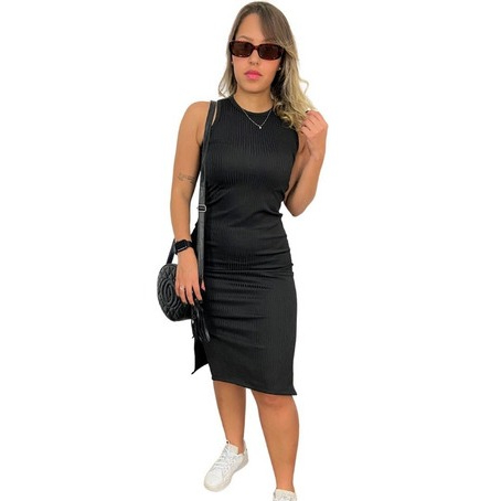 Vestido Midi Regata Com Fenda Lateral Canelado Feminino