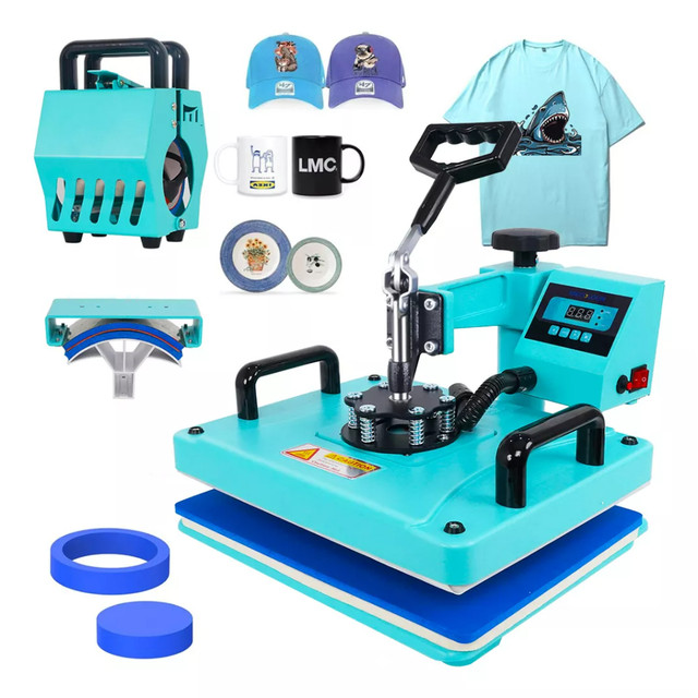 Combo 5 Em 1 Prensa Térmica De Sublimação Cor Azul Para Camiseta Chinelo Boné Mecolour