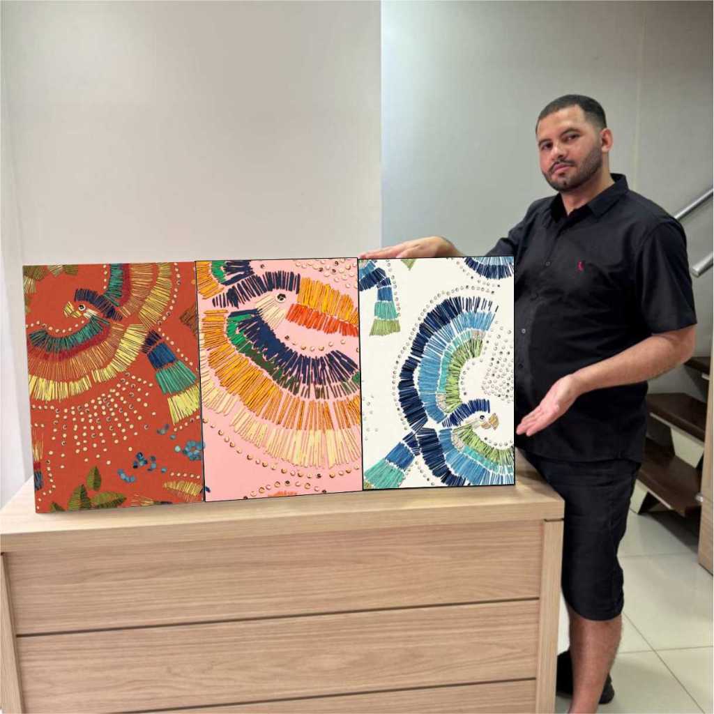 Quadro Decorativo 3 Peças Indígena Cocar Pássaros - TOP