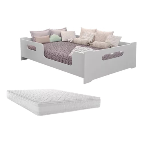 Cama Casal Montessoriana Moderna Com Colchão E Grade De Proteção Encanto Quarto Criança Lu...