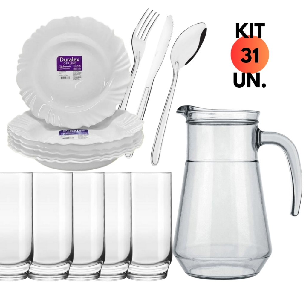 Jogo Kit Jantar 31 Peças C/ 06 Prato Fundo Duralex Pétala+ 01 Jarra Bar 1,5L+ 06 Copo Light 300ML+ 18 Talheres Inox