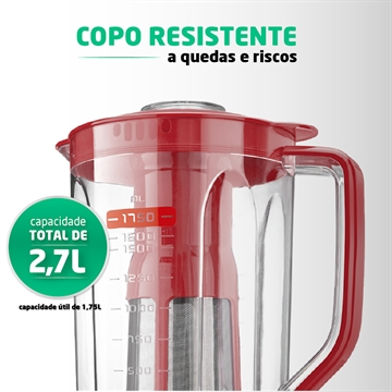 Detalhes do Liquidificador Mondial L-900 Turbo com Filtro | Copo de Acrílico, 5 Velocidades + Pulsar, 900W, Vermelho
