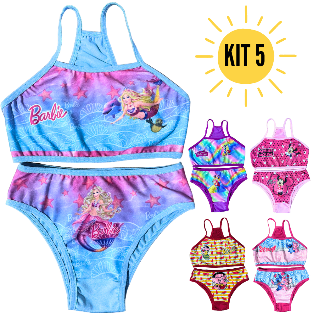 Kit com 5 Conjuntos Infantis Biquini Infantil Sublimado Desenhos Meninas verão  presente natal