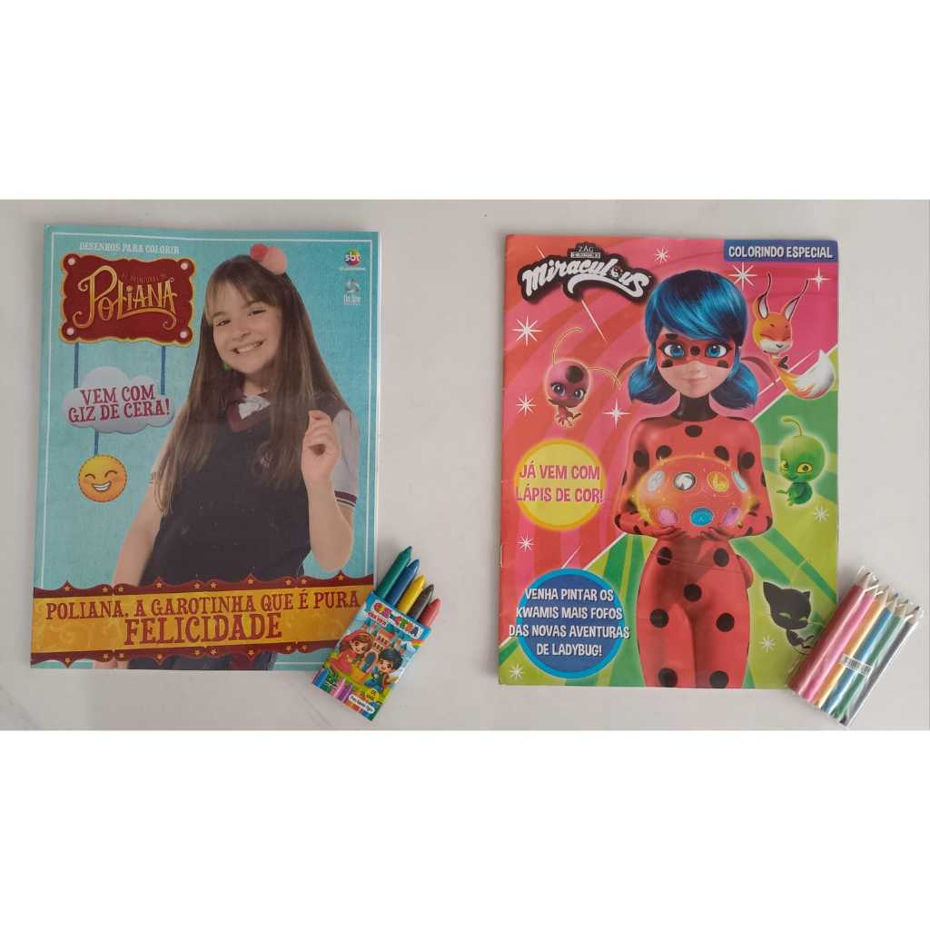 Kit 2 REVISTAS 1 MIRACULOUS LADYBUG Especial com Lápis de Cor e 1 POLIANA + Giz de Cera 5 Cores
