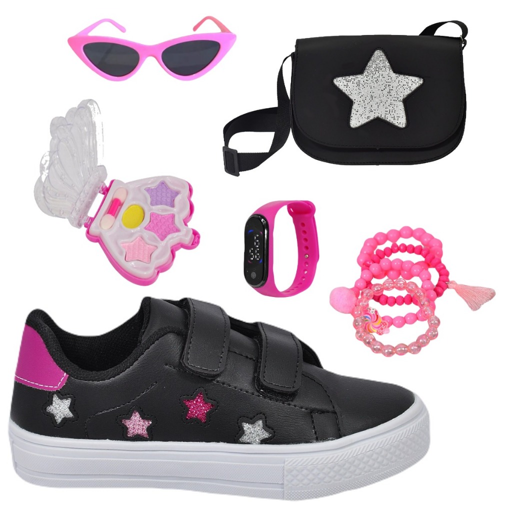 Tênis Casual Infantil Feminino Menina Estrela + Paleta Pulseira Óculos Relógio Bolsa Estrela