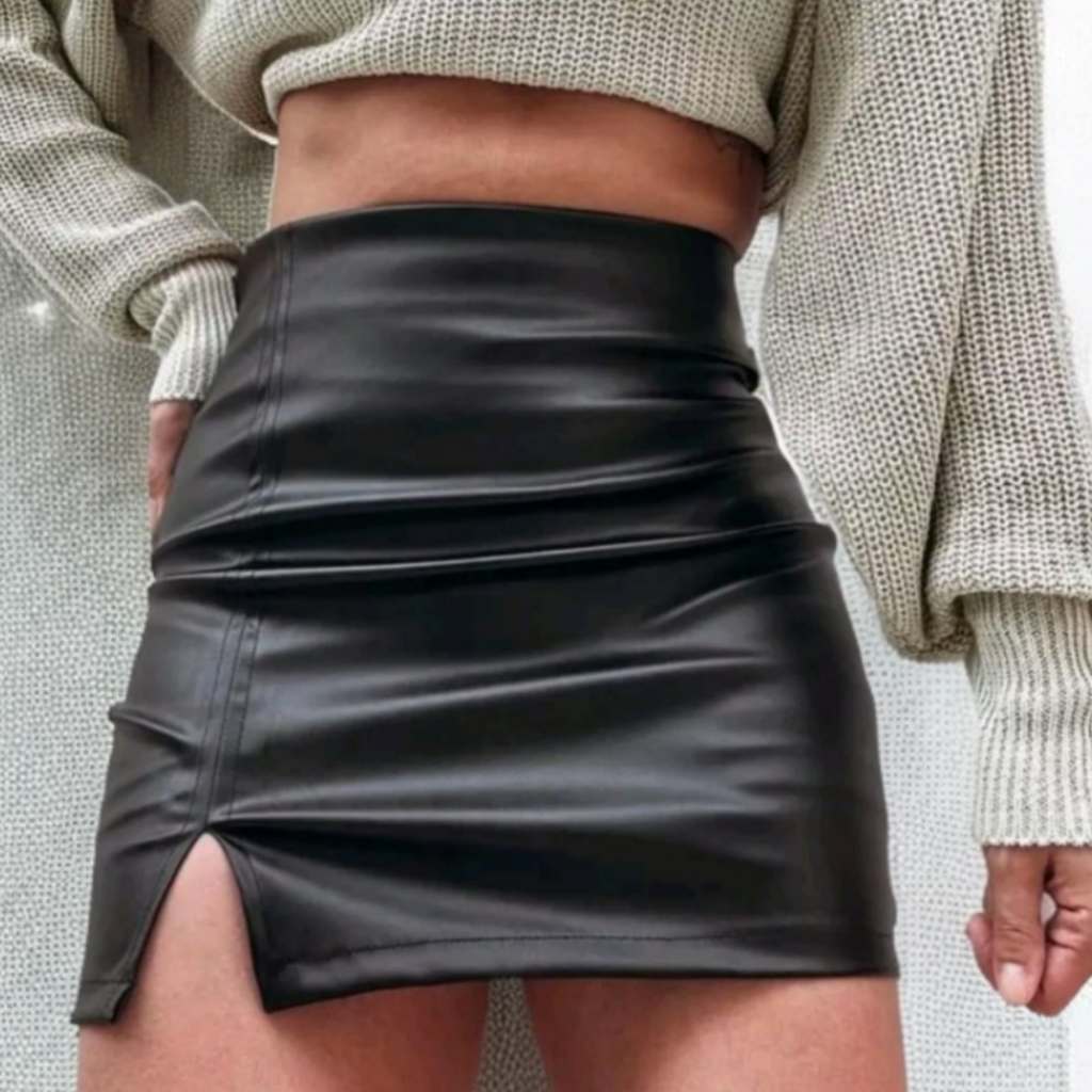 Saia De Couro Feminina Com Ziper Cintura Alta Abertura Lateral Estilosa em Oferta na Shopee
