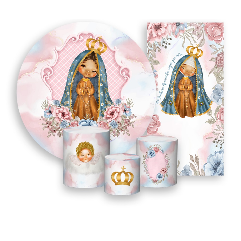 Painel De Festa + Trio De Capas Cilindro + Faixa Veste Fácil - Santa Nossa Senhora Aparecida Cute 008