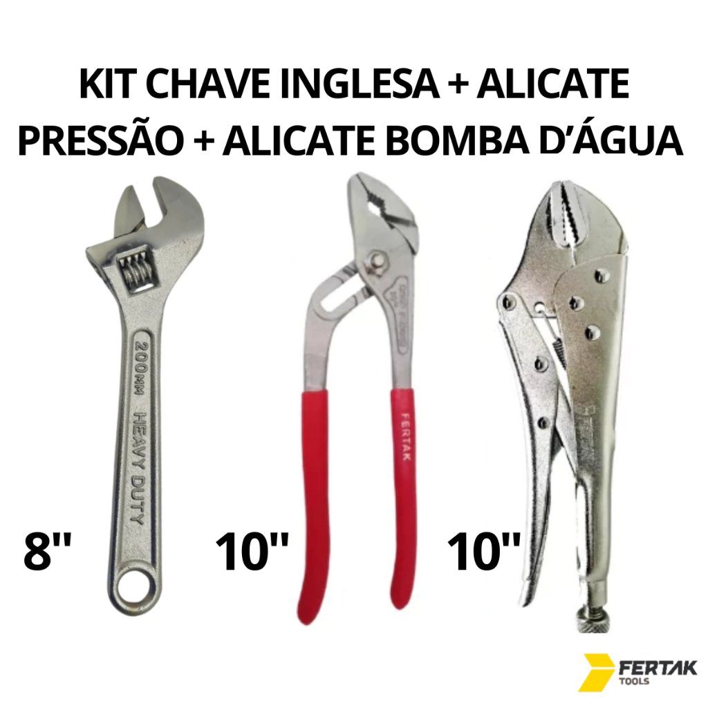 Kit Jogo 3 Peças Chave Inglesa 8 Alicate Pressão10" Alicate Bomba D'água 10"