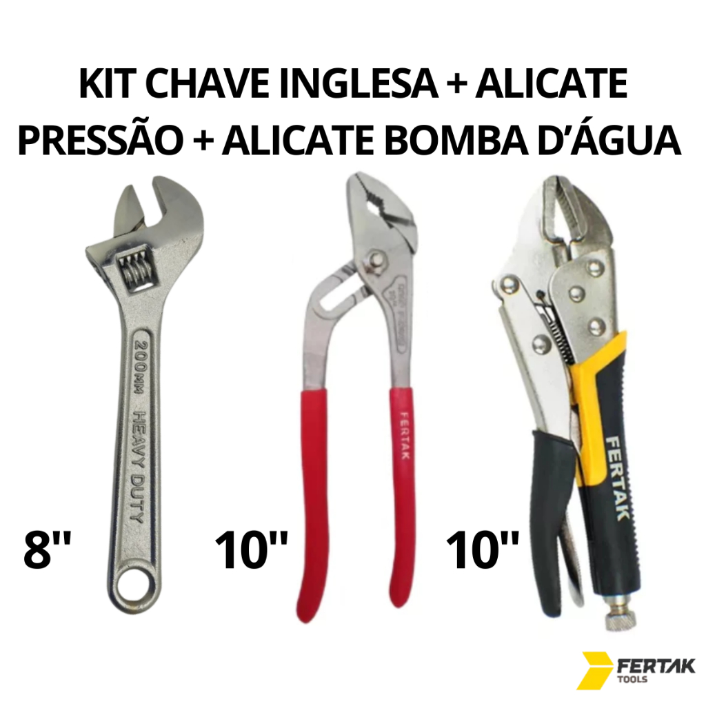 Kit Jogo 3 Peças Chave Inglesa 8 Alicate Pressão10" Emborrachado Alicate Bomba D'água 10"