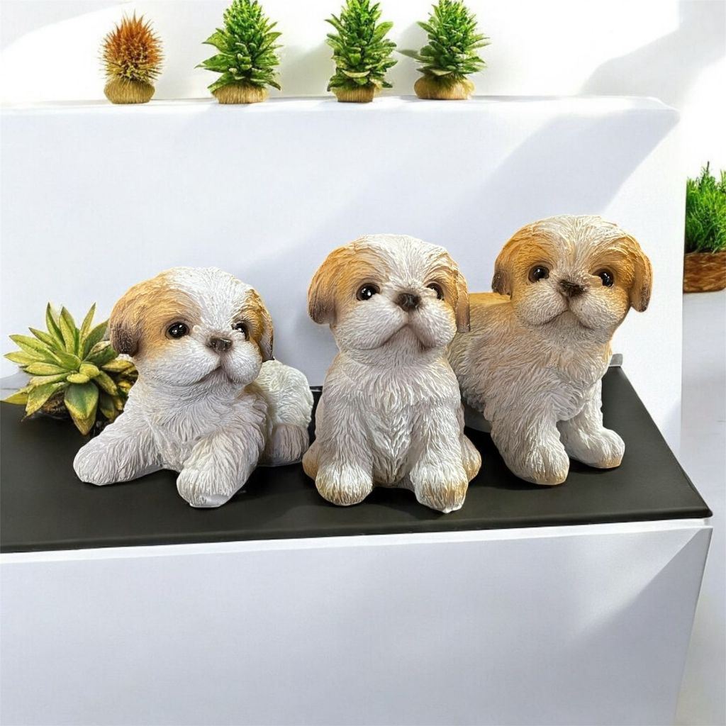 Enfeite Kit C/ 3 Mini Cachorros Em Resina + Bandeja Espelhada Decoração