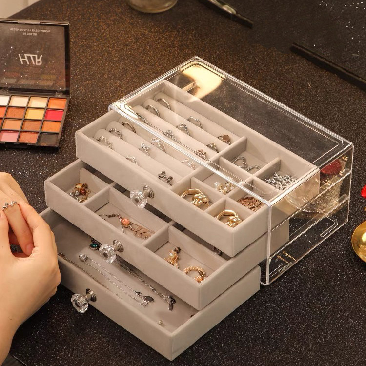 Porta Jóias Acrílico Luxo Com 3 Camadas Brinco Anel Compartimento Caixa de Armazenamento d...