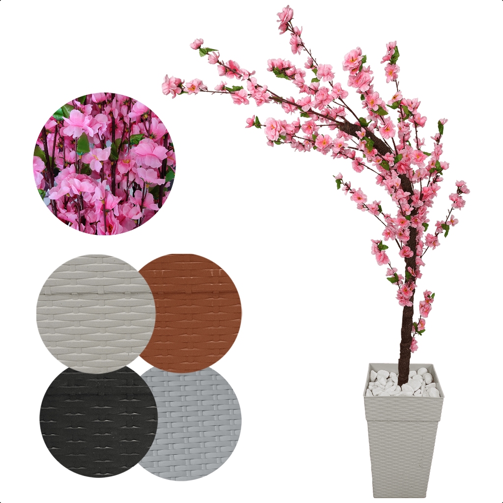 Cerejeira Artificial Rosa Bebê Galho Curvo Com Vaso Rattan