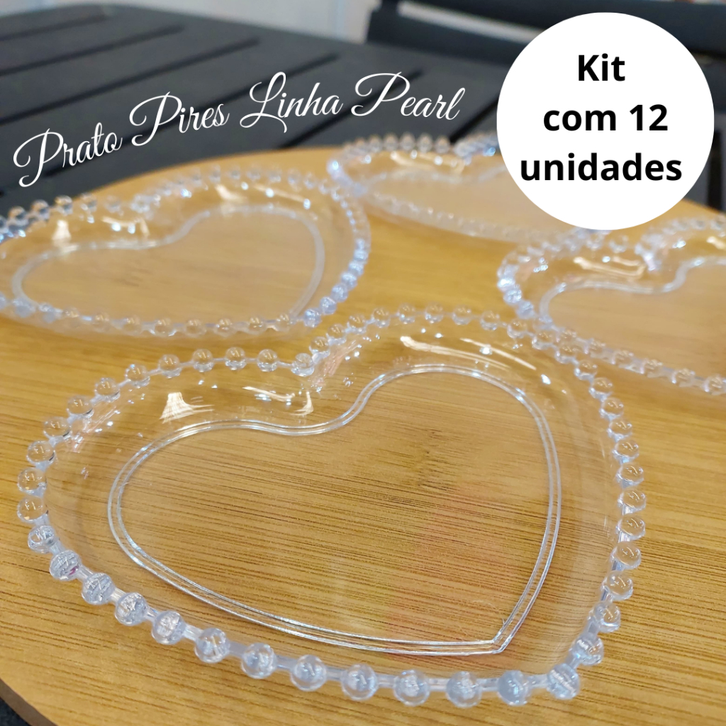 KIT COM 12 PIRES CORAÇÃO MODELO PEARL EM ACRÍLICO TRANSPARENTE