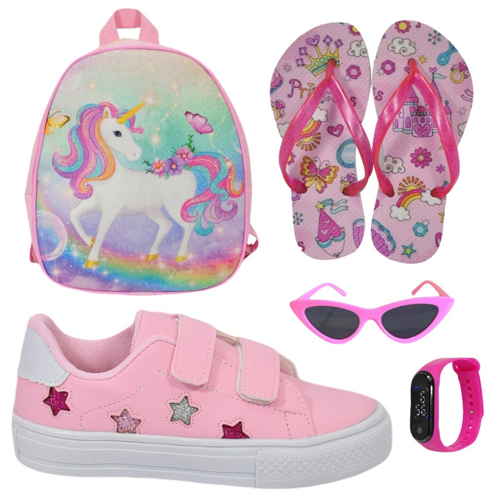 Tênis Infantil Feminino Casual Estrela Rosa Preto Branco + Chinelo Óculos Relógio Mochila Unicórnio