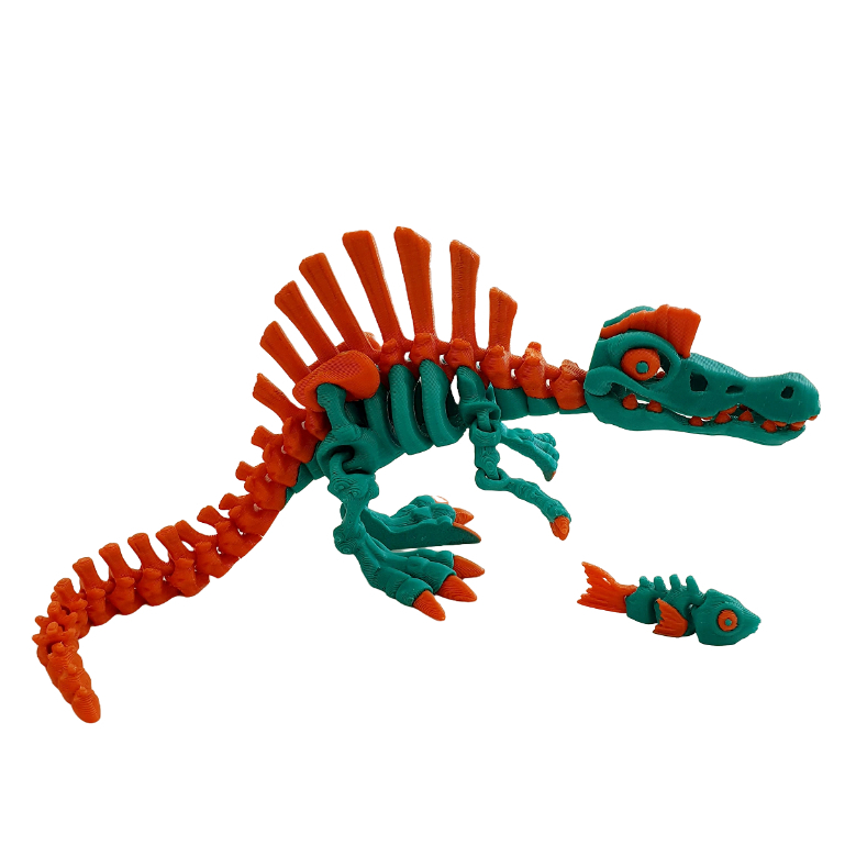 Dinossauro Espinossauro Articulado com Peixe – Brinquedo Colorido em Impressão 3D
