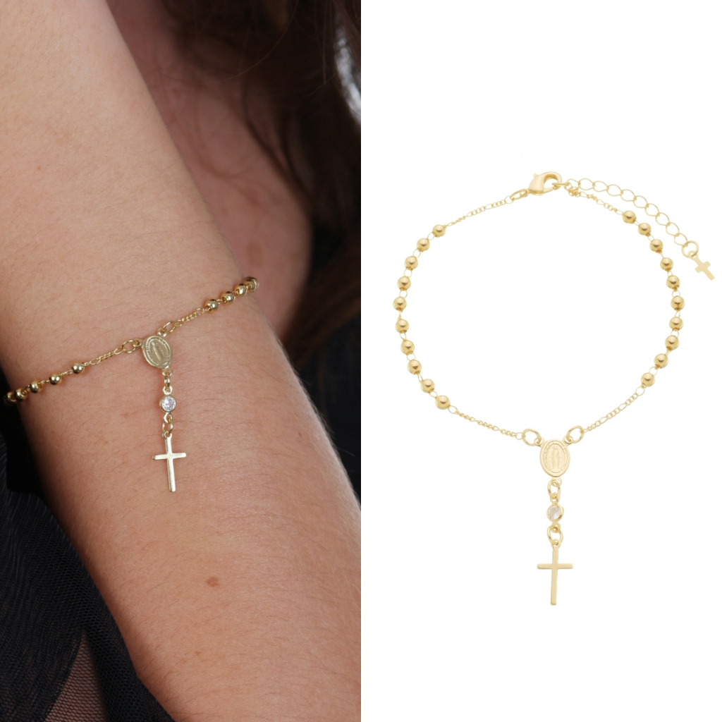 Pulseira de Terço Cruz e Pedras Zircônias Semi Joias Banhado Ouro 18k Presente Religioso Aniversario