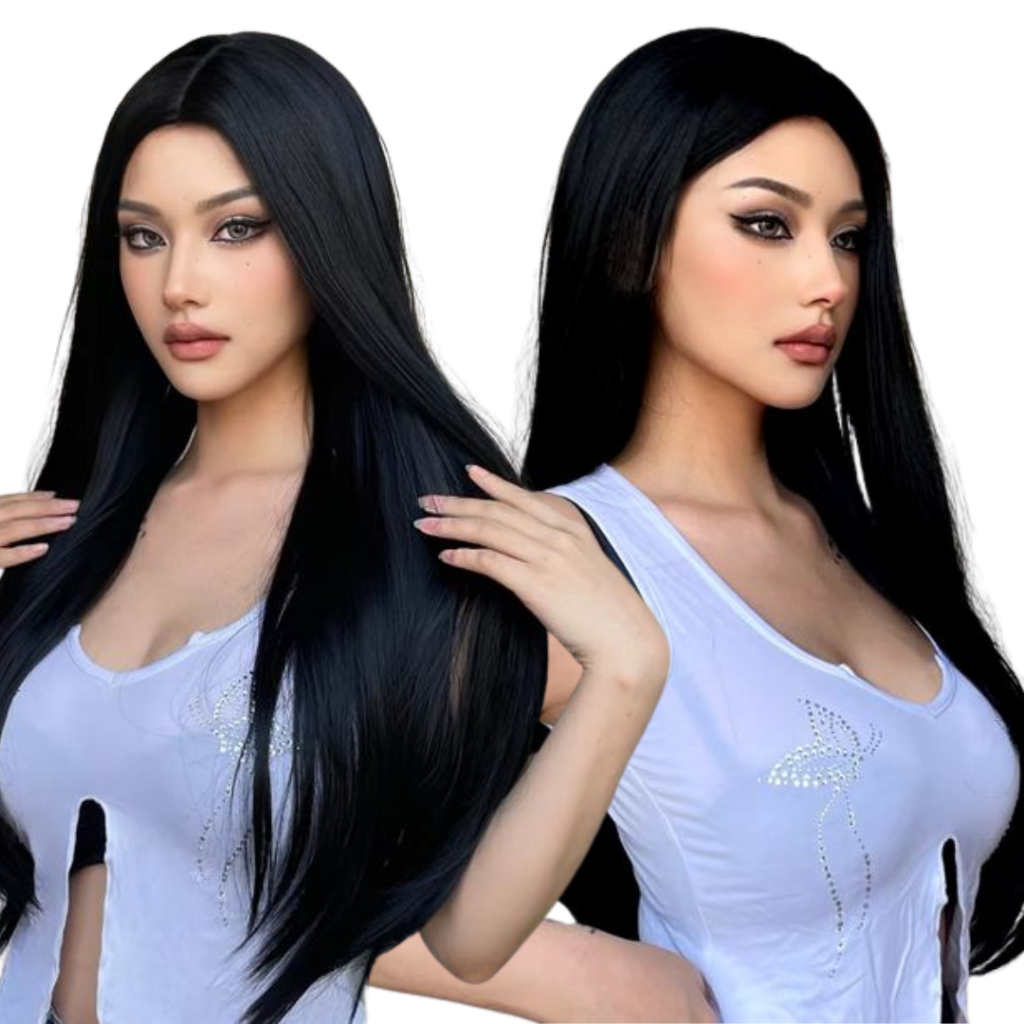 Peruca Lace Fibra Orgânica Preta Longa Idêntica Cabelo Humano em Oferta na Shopee