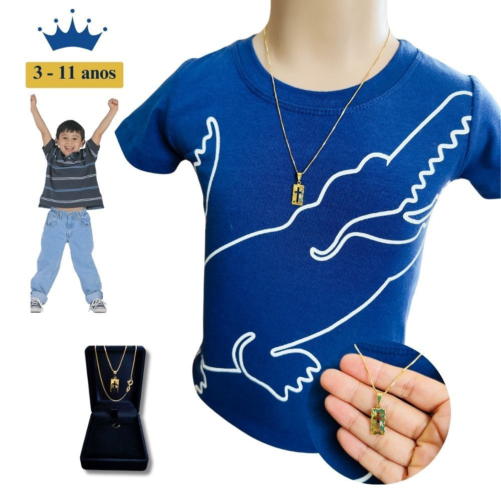 Corrente Infantil Masculina Banhada A Ouro 18k  + Pingente Placa com Cruz