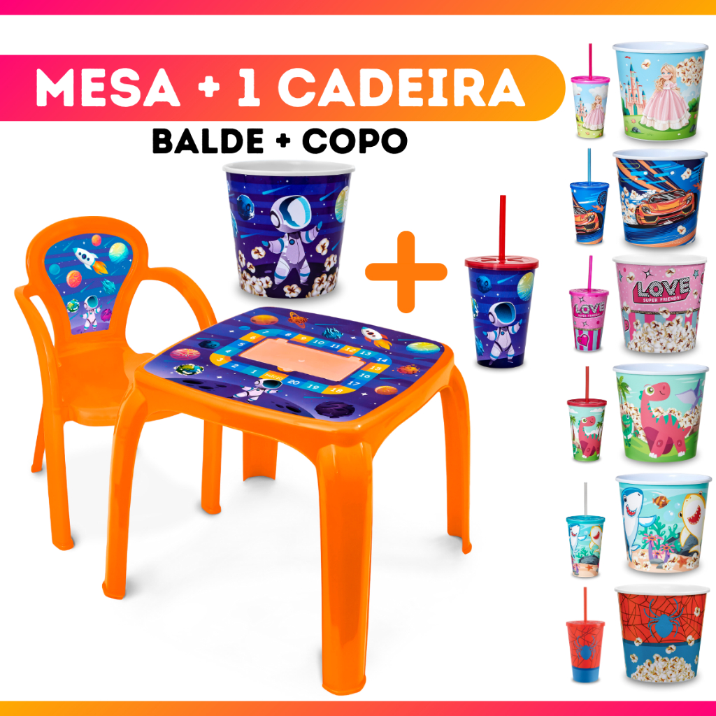 Kit Mesa Mesinha 1 Cadeira Infantil Balde Pipoca e Copo 550ml Lanchar