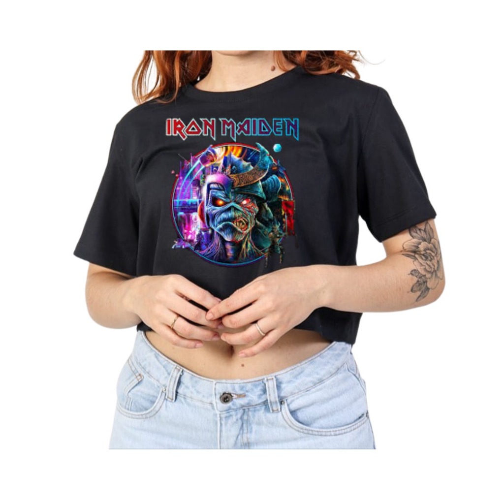 Cropped Camiseta T-shirt Banda Iron Maiden Heavy Metal Tour Brasil Algodão Confortável Para Fã
