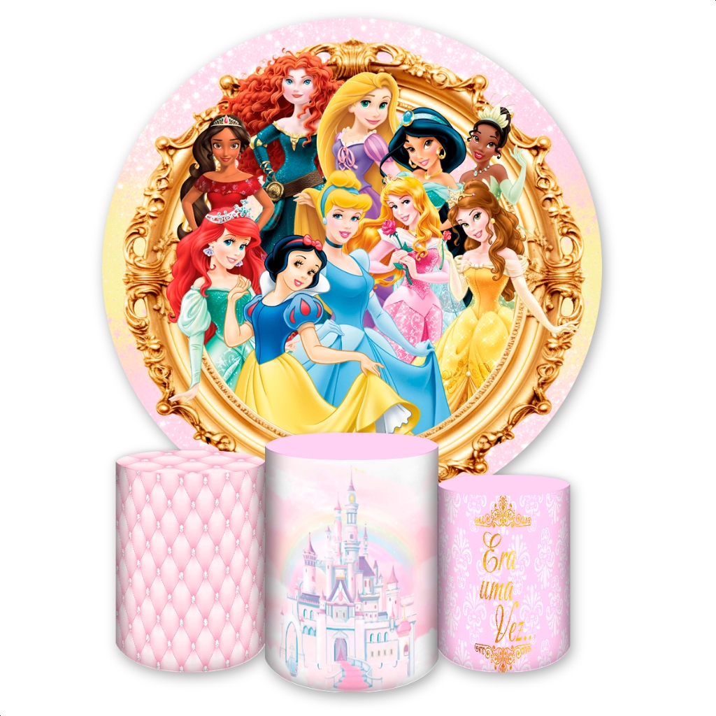Kit Capa Painel Redondo + Capas de Cilindro Sublimados Para Festa Tema Princesas em Oferta na Shopee