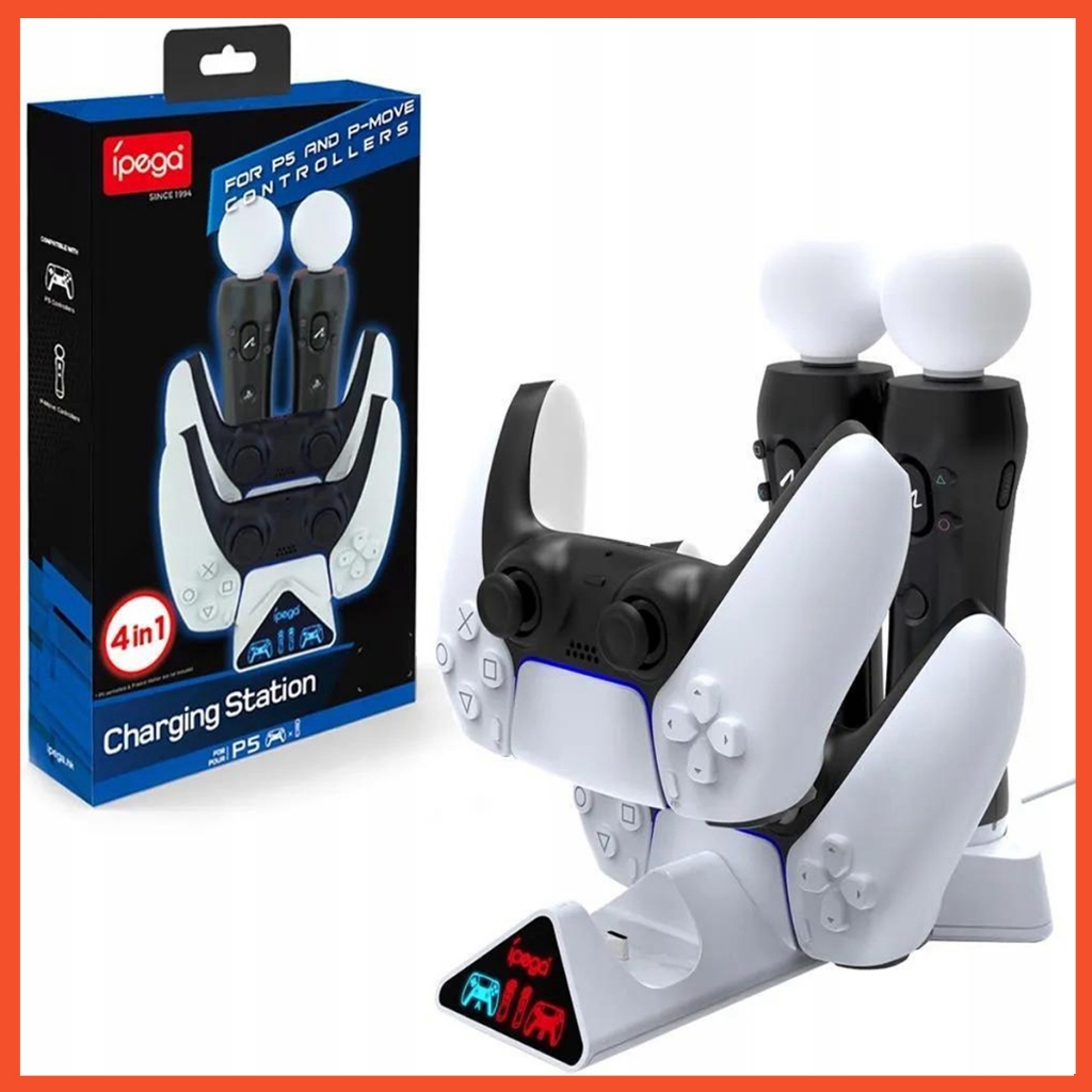 Base Dock Carregador 4 em 1 Luz Led Compatível com 2 Controle Manete Playstation 5 e 2 Ps Move