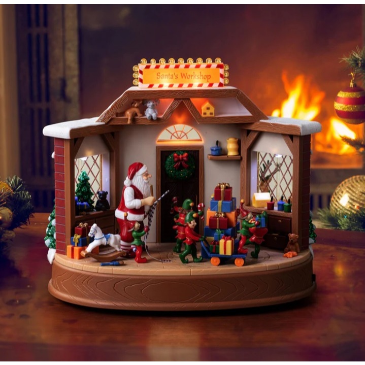 Enfeite de Natal Musical LED Oficina do Papai Noel Casa Decoração Natalina Animated Santa's Workshop