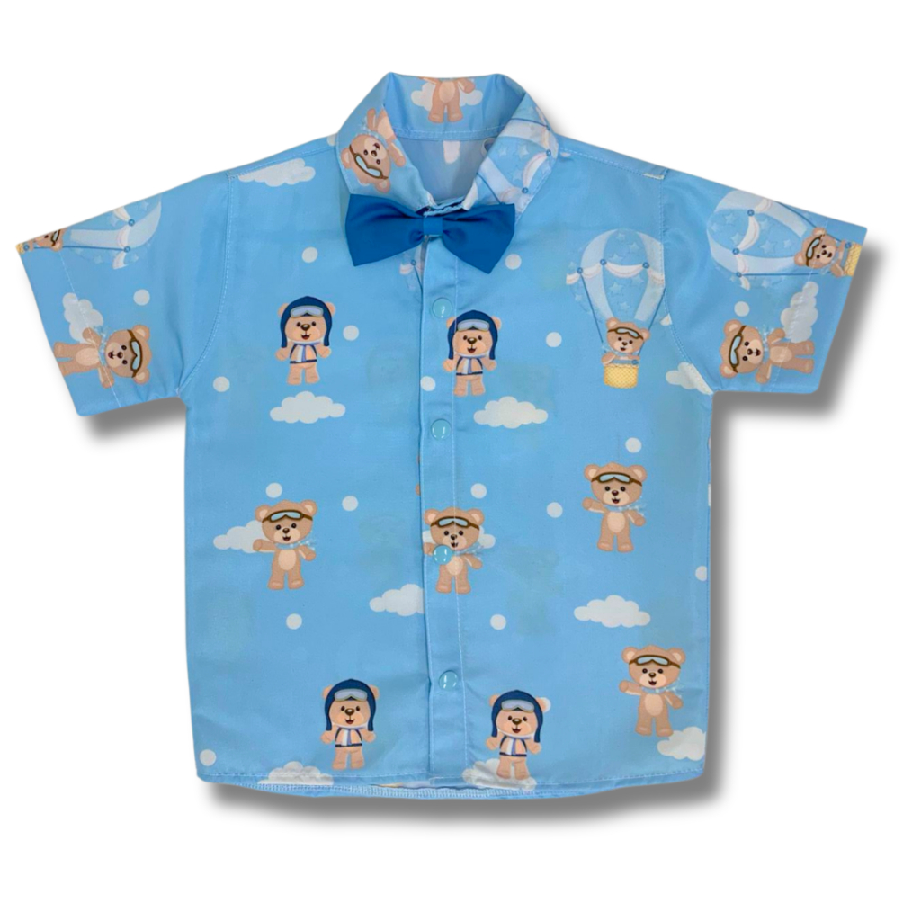 Camisa Infantil Social Temática Ursinho Baloeiro + Gravata