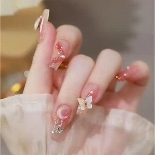 kit com 12 Peças Unhas Postiças Decoradas Longas Franceses Realista Natural-136