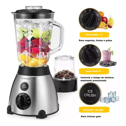 Liquidificador Turbo 1000w Jarra de Vidro 1,5 Litros 2 em 1 Moedor de Grãos Café Tritura Gelo 3 Velocidades