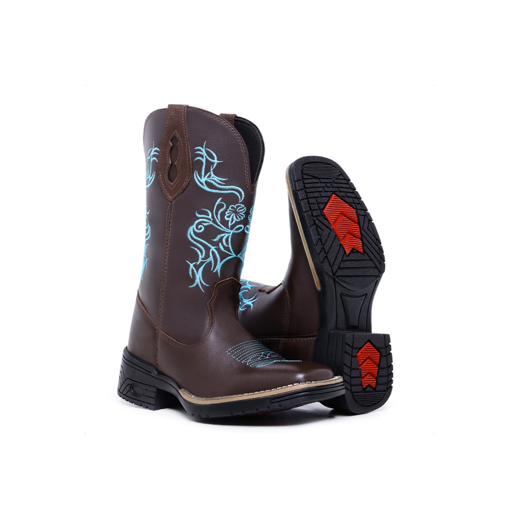 Detalhes do bota texana floral azul bordado feminino