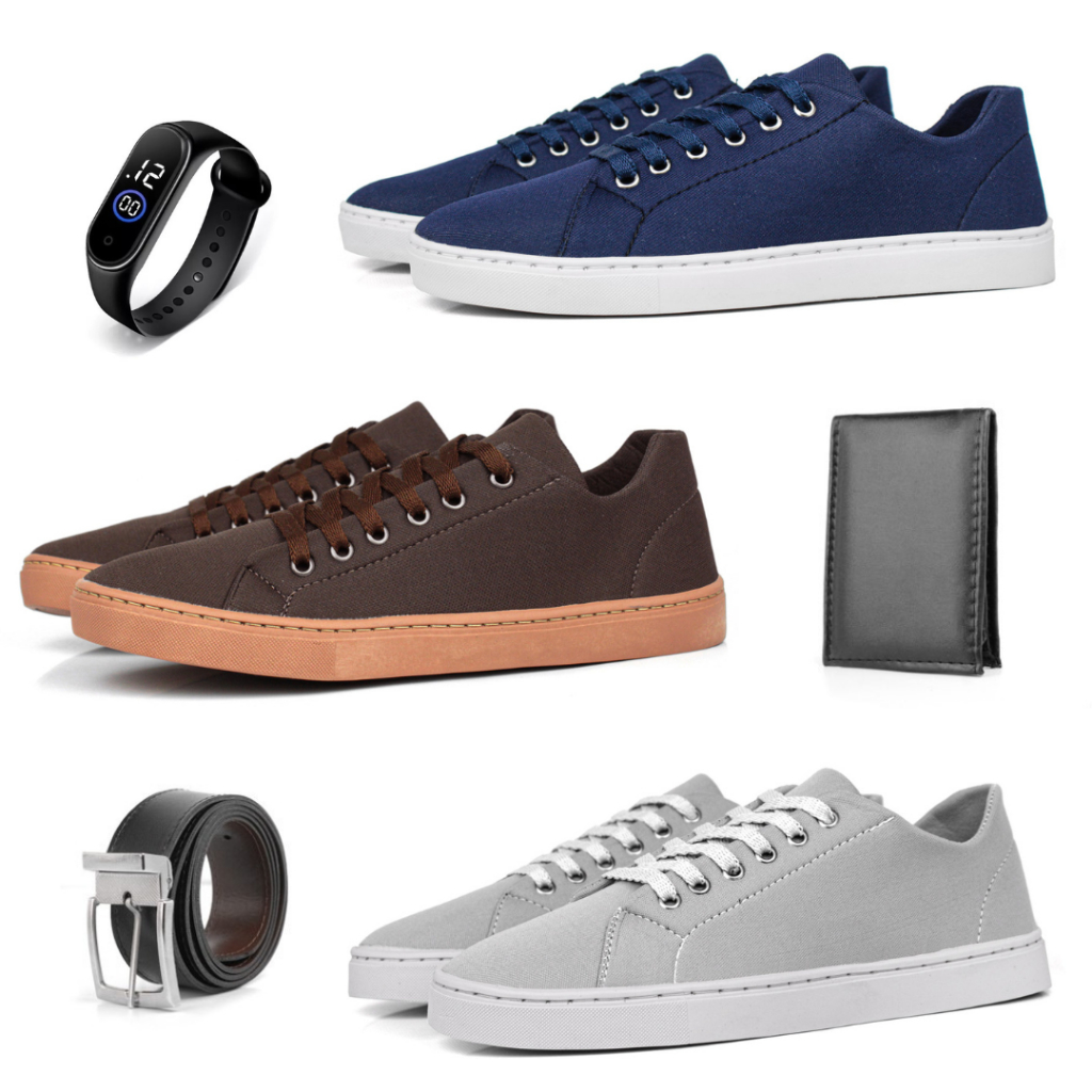 Kit 3 Tênis Masculino Sapatênis Básico Casual Com Carteira Cinto e Relógio Promoção