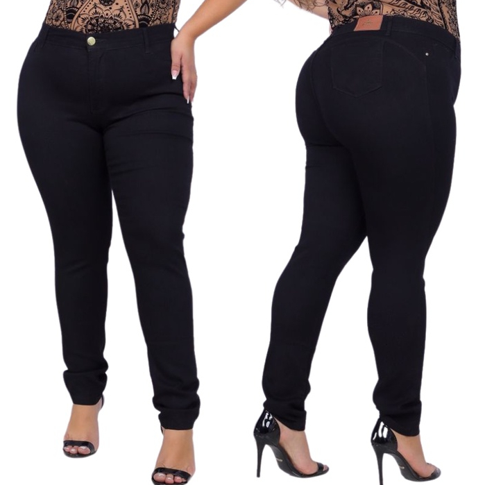 Calça Jeans Feminina Plus Size Preta  Empina Bubum Elastano Cintura Alta