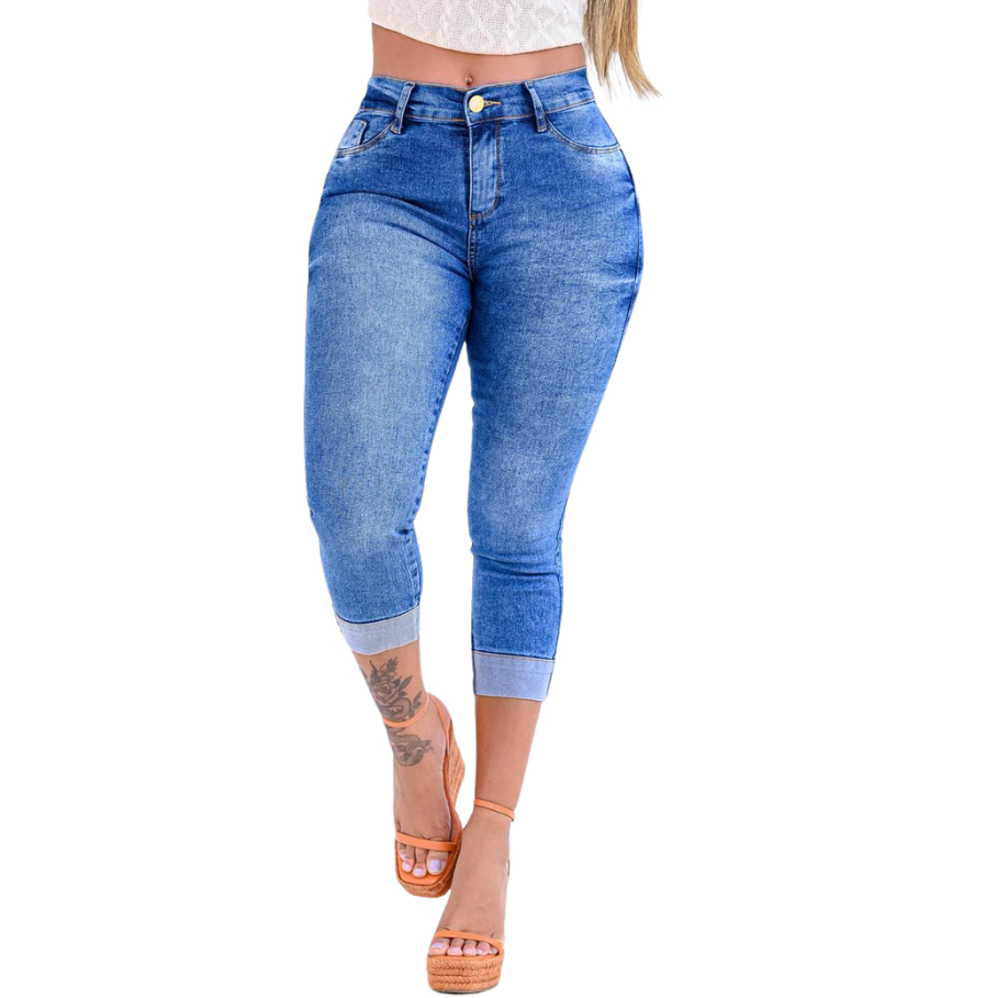 Calça Jeans Feminina Capr Com  Lycra Modelagem Empina Bumbum em Oferta na Shopee