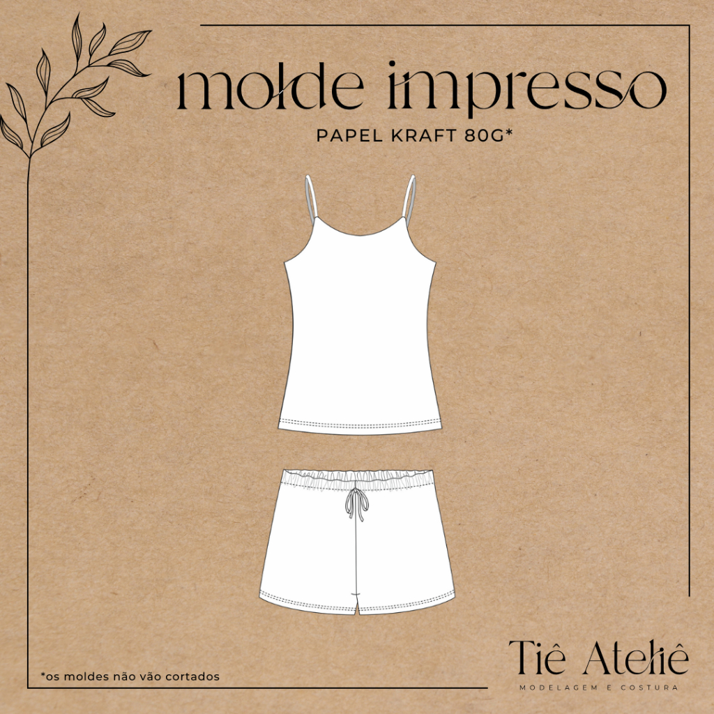 MOLDE EM PAPEL KRAFT DE PIJAMA ALCINHA BABY DOLL PARA COSTURA MODELAGEM EM PAPEL KRAFT