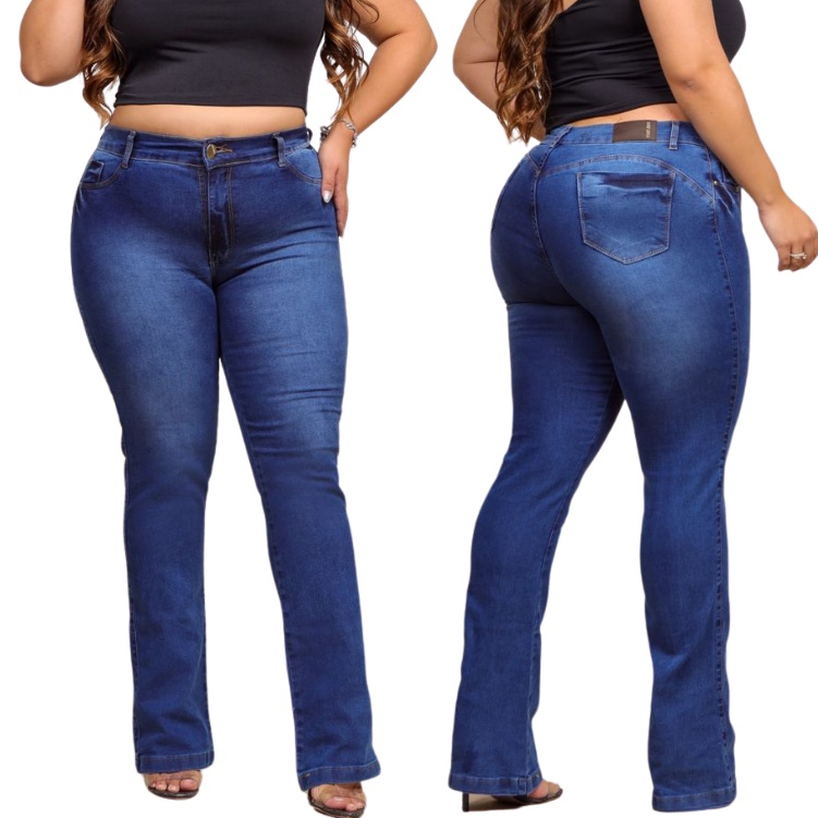 Calça Jeans Feminina Flare Plus Size Com Lycra/Elastano Cintura Alta Boca De Sino EMPINA BUMBUM