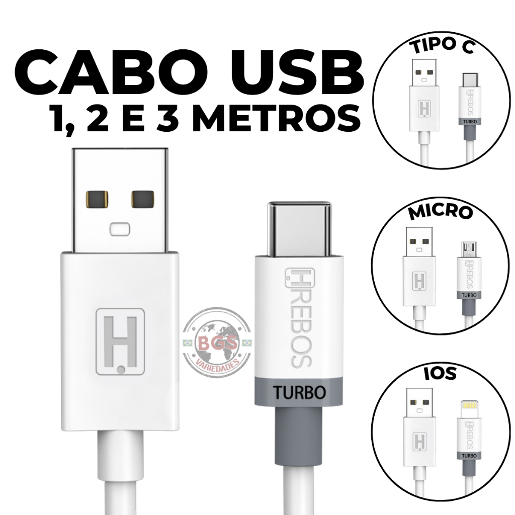 Cabo Carregador USB A Rápido 1 2 3  Metros Hrebos Micro V8 Tipo C Lightning Turbo